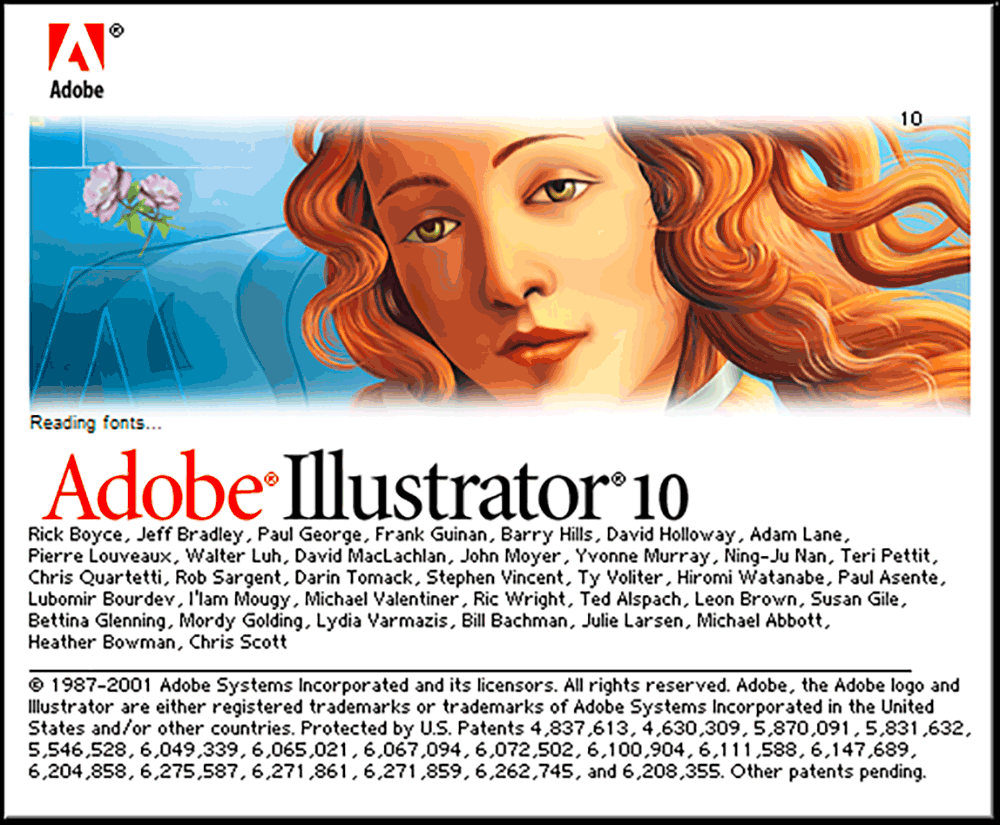 Adobe Illustrator version 10 splash screen 2001