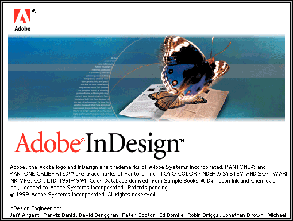 Adobe InDesign version 1.0 splash screen 1999 Adobe InDesign version 1.0 splash screen 1999